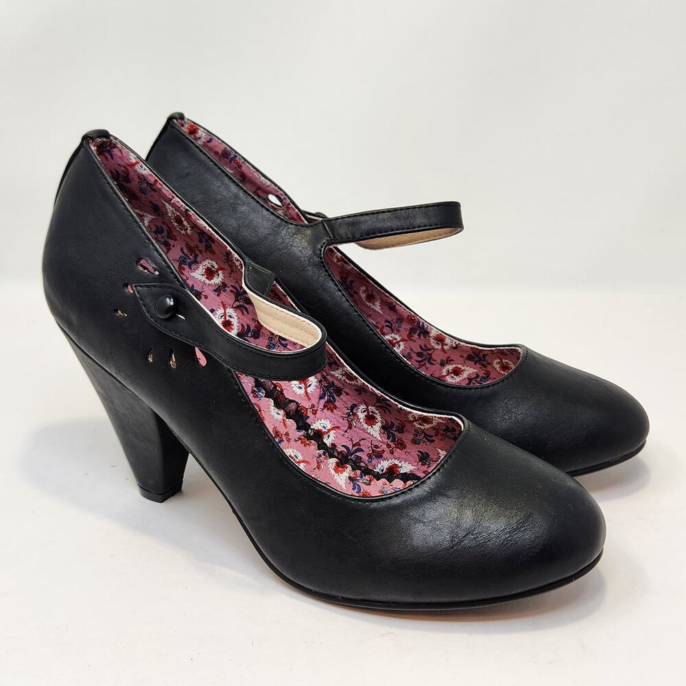 Bettie Page Shoes by Ellie Black Leather Mary Jane Pumps Heels Size 10 Pinup.